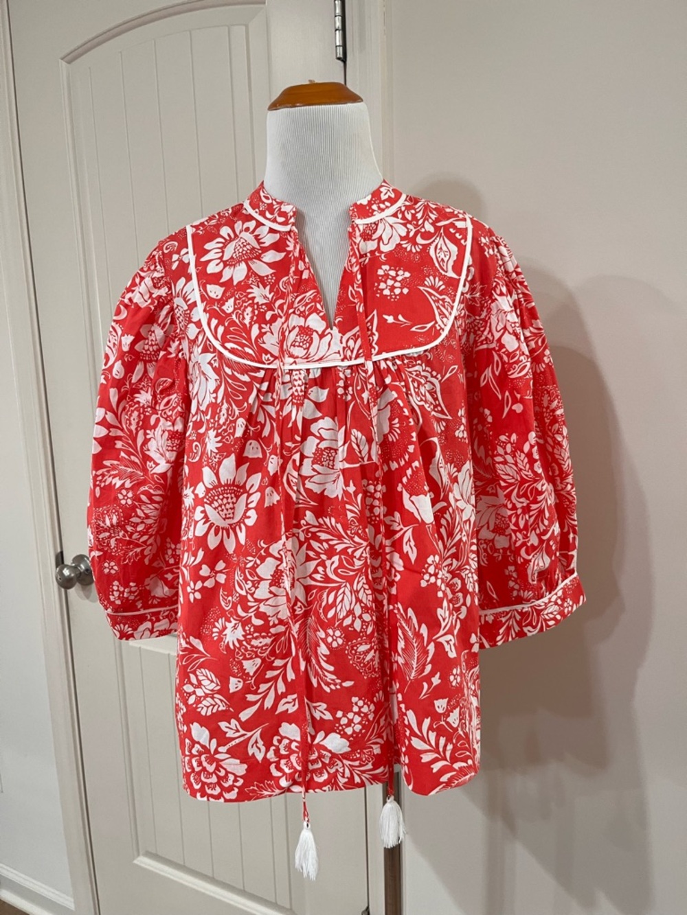 Pinch Red and White Floral Peasant Blouse
